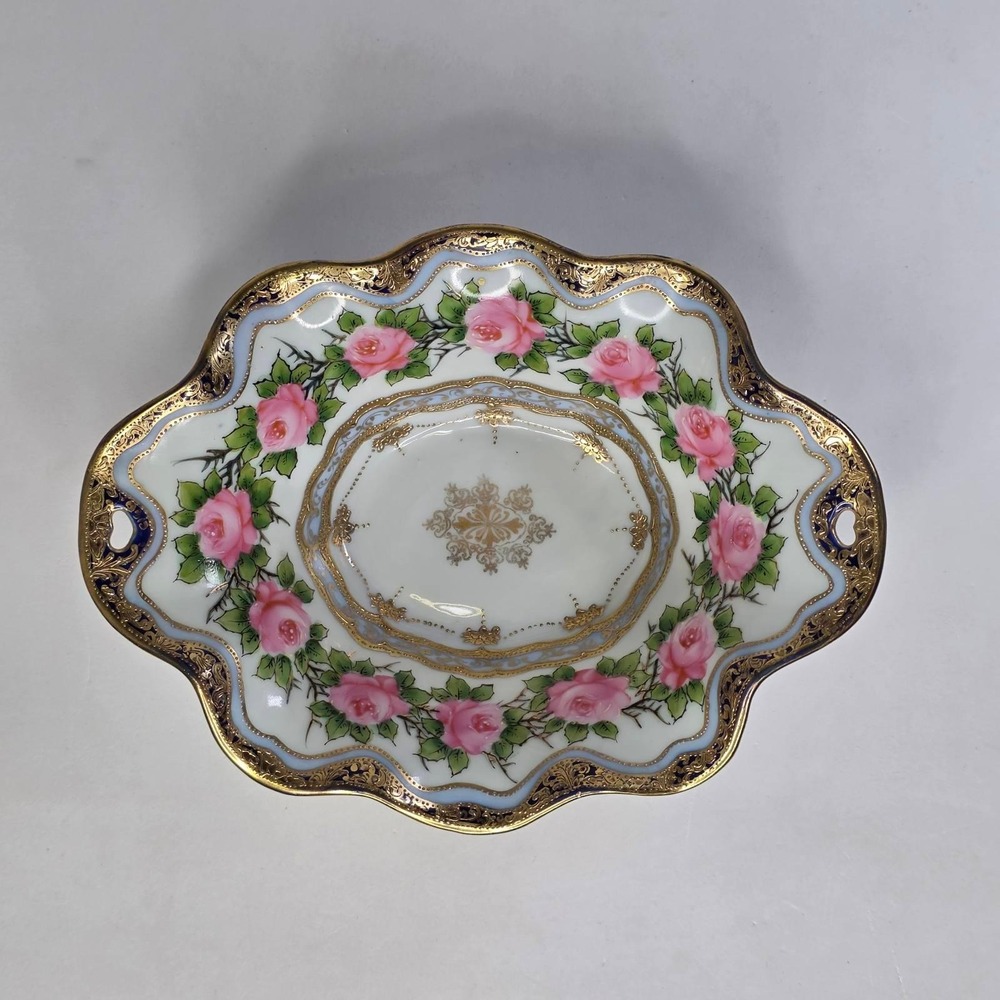 Antique Nippon IE&C Co Hand Painted 4-Footed Porcelain Bowl Cobalt Pink Roses 9"